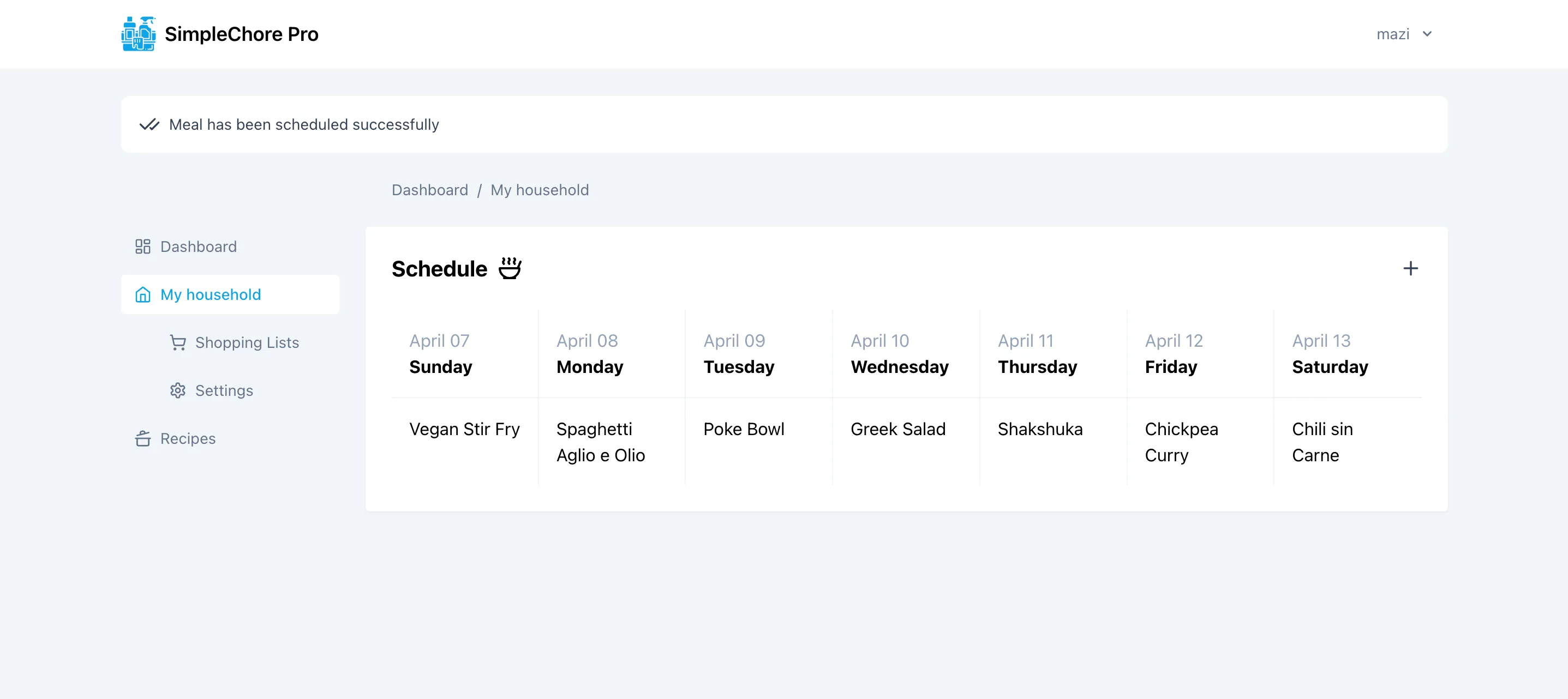 Screenshot from SimpleChore, an app that aids in scheduling meals and shopping for groceries.